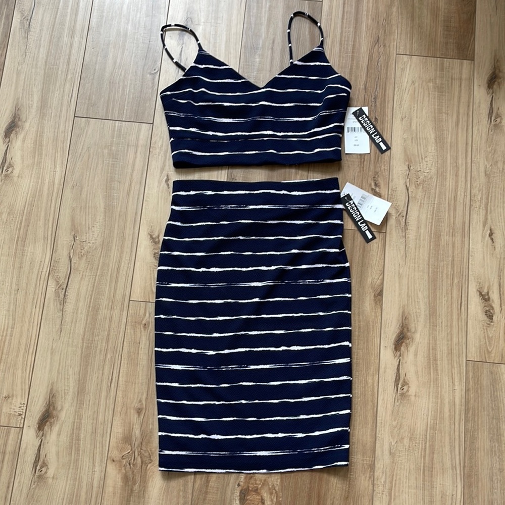 NWT! Design Lab Navy & White Skirt/CropTop Set